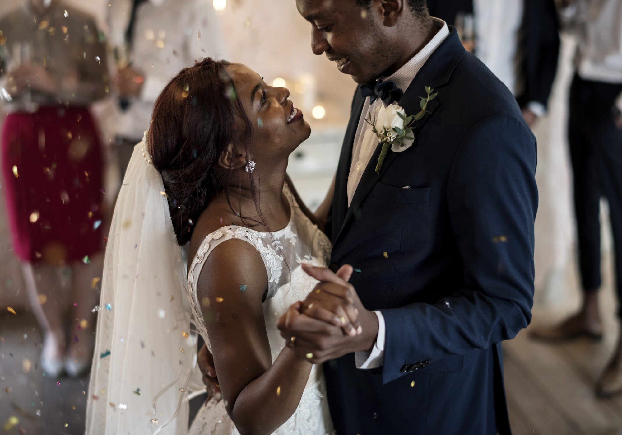 Newlywed African Descent Couple Dancing Wedding Celebration